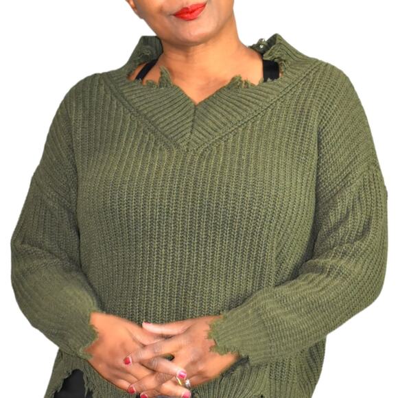 Seek the Label Distressed Sweater Olive Green Ribbed Knit Pullover Size Medium - Picture 8 of 13